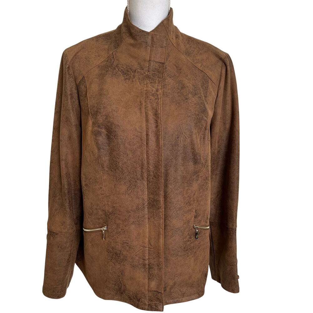 Chico's Jacket Womens Size 1 Medium 8/10 Brown Distress Faux Suede Laces Sleeves